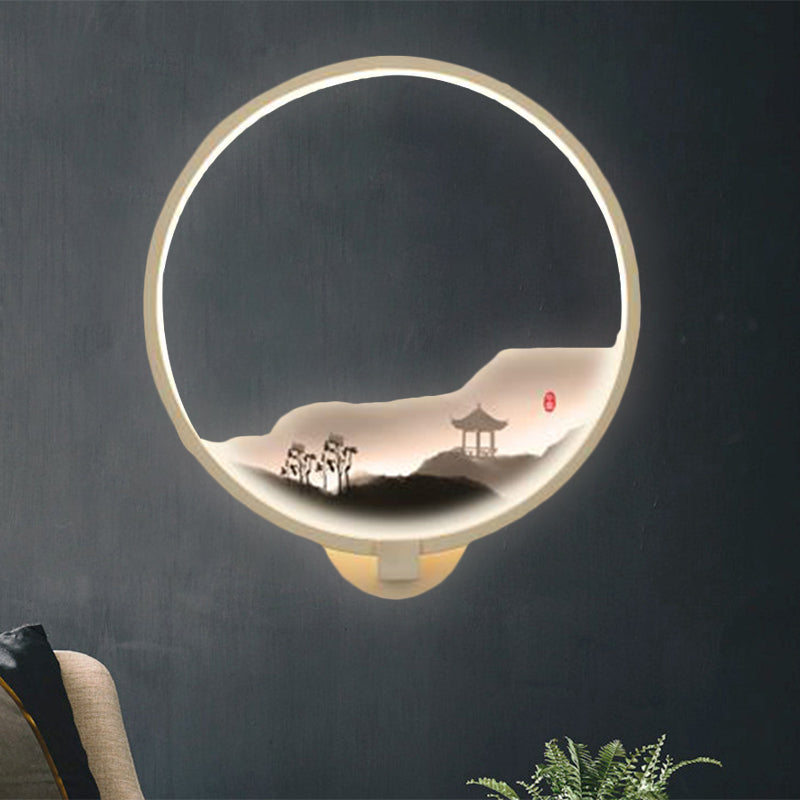Skørter | LED Corridor Wall Mural Lamp Chinese Style Black/White Mountain Pattern Wall Lighting Idea with Round Metal Cover