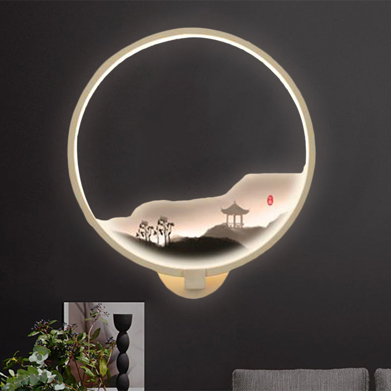 Skørter | LED Corridor Wall Mural Lamp Chinese Style Black/White Mountain Pattern Wall Lighting Idea with Round Metal Cover