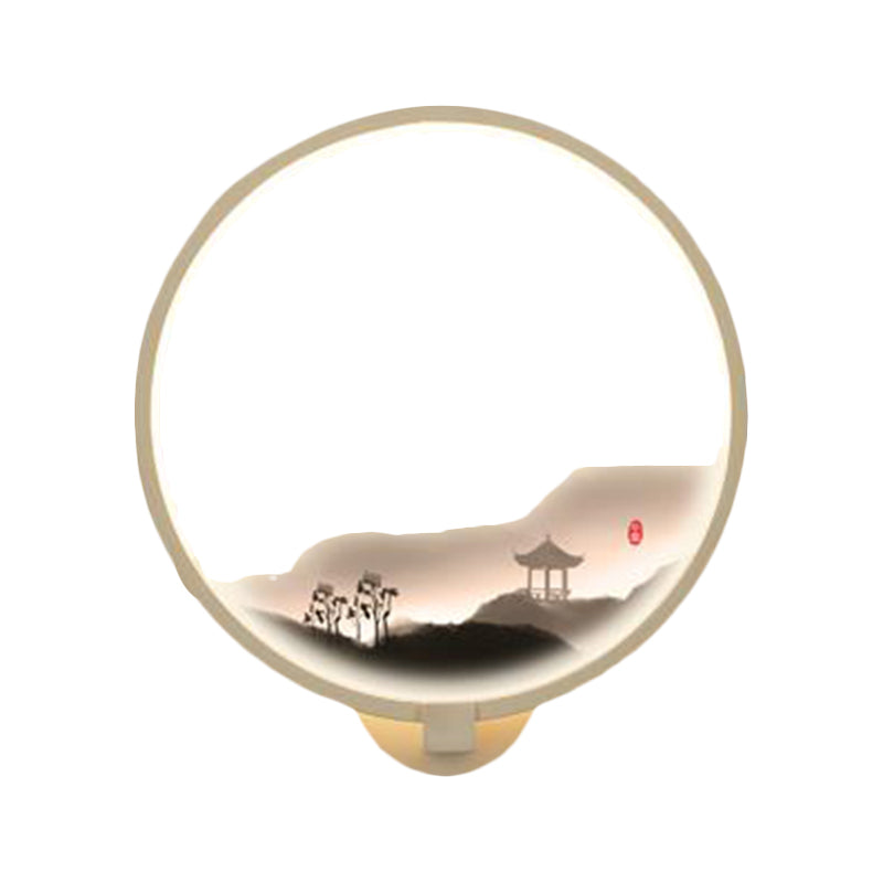 Skørter | LED Corridor Wall Mural Lamp Chinese Style Black/White Mountain Pattern Wall Lighting Idea with Round Metal Cover
