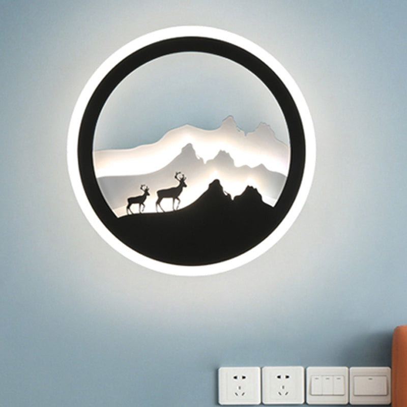 Skørter | Acrylic Round Deer and Mountain Wall Light Chinese Style LED Black and White Wall Mural Lamp