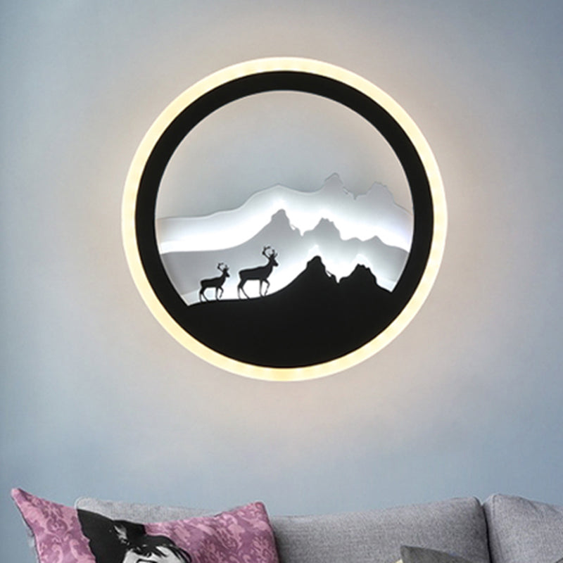 Skørter | Acrylic Round Deer and Mountain Wall Light Chinese Style LED Black and White Wall Mural Lamp