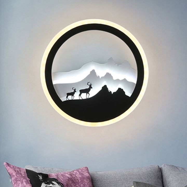 Skørter | Acrylic Round Deer and Mountain Wall Light Chinese Style LED Black and White Wall Mural Lamp