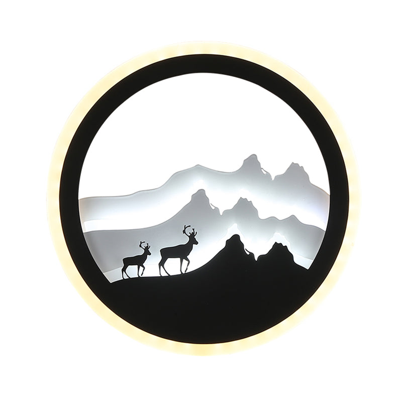 Skørter | Acrylic Round Deer and Mountain Wall Light Chinese Style LED Black and White Wall Mural Lamp