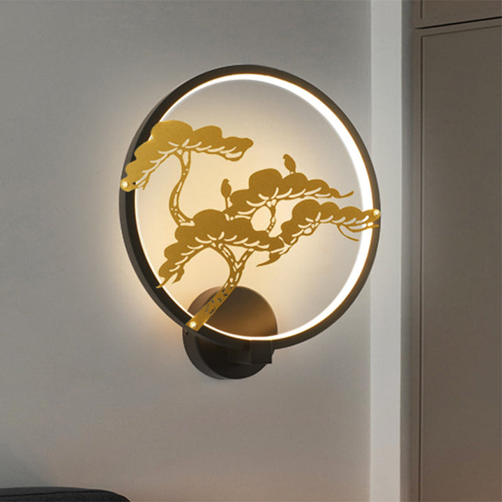 Skørter | Chinese Style LED Wall Mural Lamp Metal Black/White Circular Pine Tree Pattern Wall Lighting