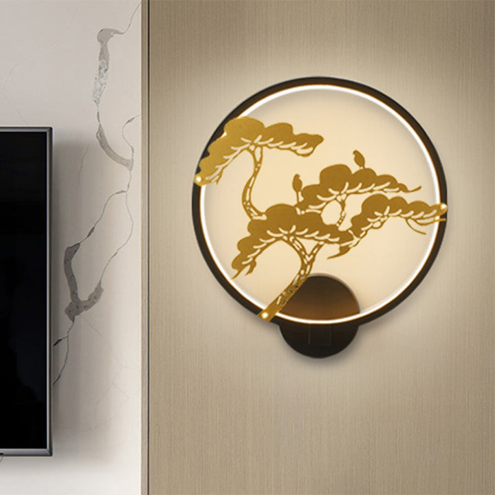 Skørter | Chinese Style LED Wall Mural Lamp Metal Black/White Circular Pine Tree Pattern Wall Lighting