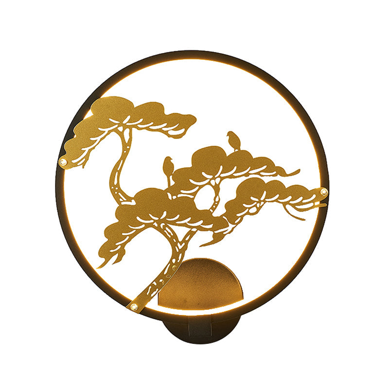 Skørter | Chinese Style LED Wall Mural Lamp Metal Black/White Circular Pine Tree Pattern Wall Lighting