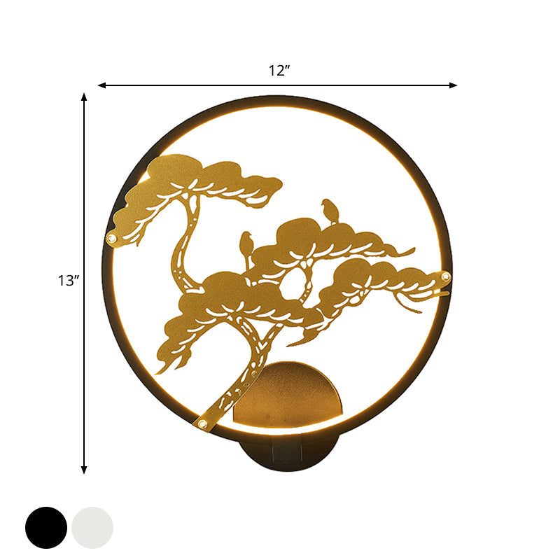 Skørter | Chinese Style LED Wall Mural Lamp Metal Black/White Circular Pine Tree Pattern Wall Lighting
