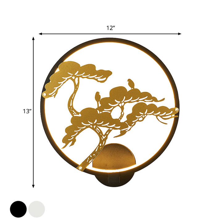 Skørter | Chinese Style LED Wall Mural Lamp Metal Black/White Circular Pine Tree Pattern Wall Lighting