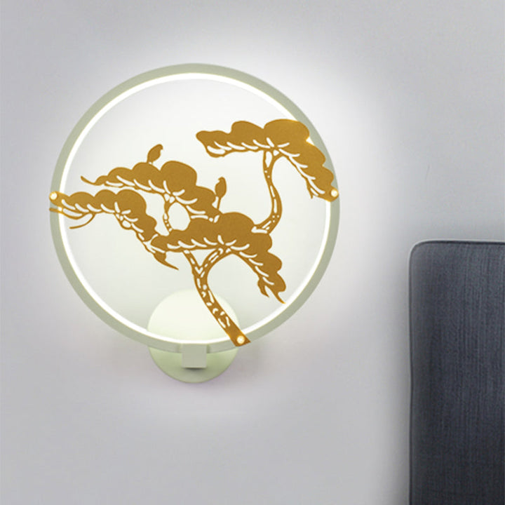 Skørter | Chinese Style LED Wall Mural Lamp Metal Black/White Circular Pine Tree Pattern Wall Lighting