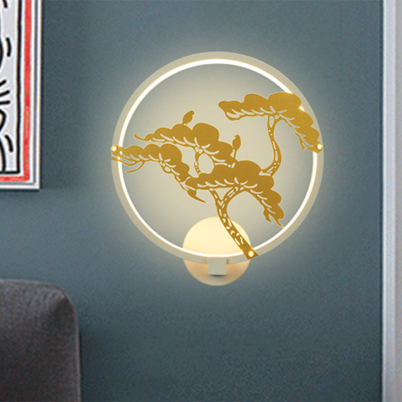Skørter | Chinese Style LED Wall Mural Lamp Metal Black/White Circular Pine Tree Pattern Wall Lighting