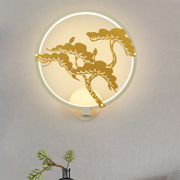Skørter | Chinese Style LED Wall Mural Lamp Metal Black/White Circular Pine Tree Pattern Wall Lighting