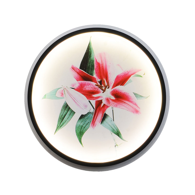 Skørter | Oriental Style Circular Metal Wall Lamp LED Wall Mounted Light in Black with Flower/Bird Patterns