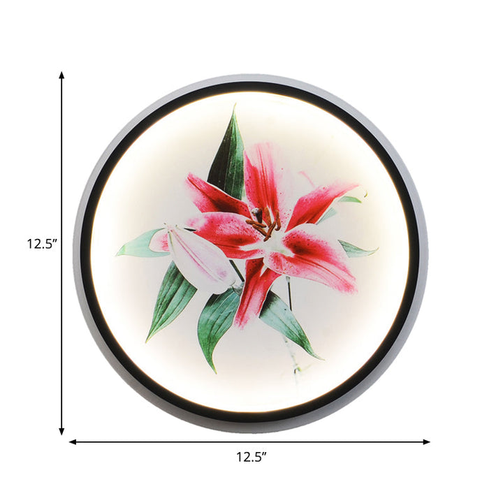 Skørter | Oriental Style Circular Metal Wall Lamp LED Wall Mounted Light in Black with Flower/Bird Patterns