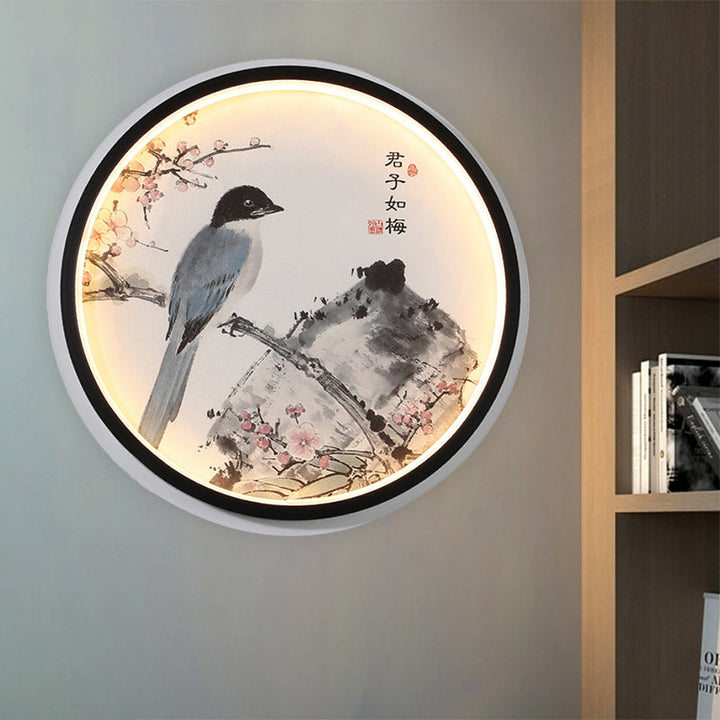 Skørter | Oriental Style Circular Metal Wall Lamp LED Wall Mounted Light in Black with Flower/Bird Patterns