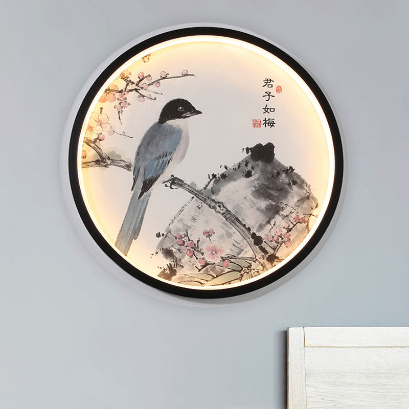Skørter | Oriental Style Circular Metal Wall Lamp LED Wall Mounted Light in Black with Flower/Bird Patterns