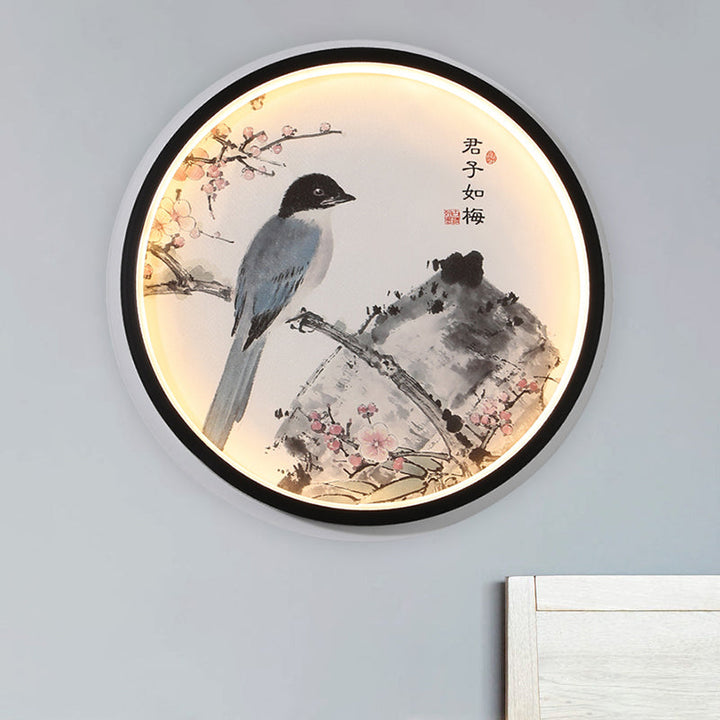 Skørter | Oriental Style Circular Metal Wall Lamp LED Wall Mounted Light in Black with Flower/Bird Patterns