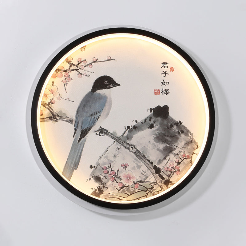 Skørter | Oriental Style Circular Metal Wall Lamp LED Wall Mounted Light in Black with Flower/Bird Patterns