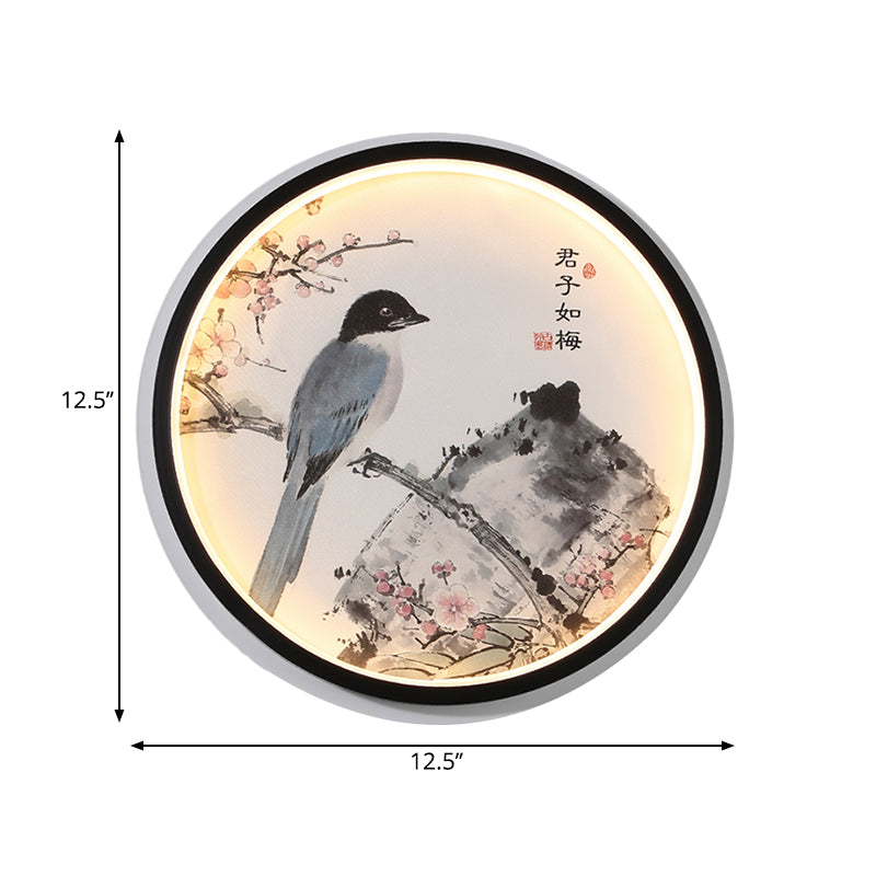 Skørter | Oriental Style Circular Metal Wall Lamp LED Wall Mounted Light in Black with Flower/Bird Patterns
