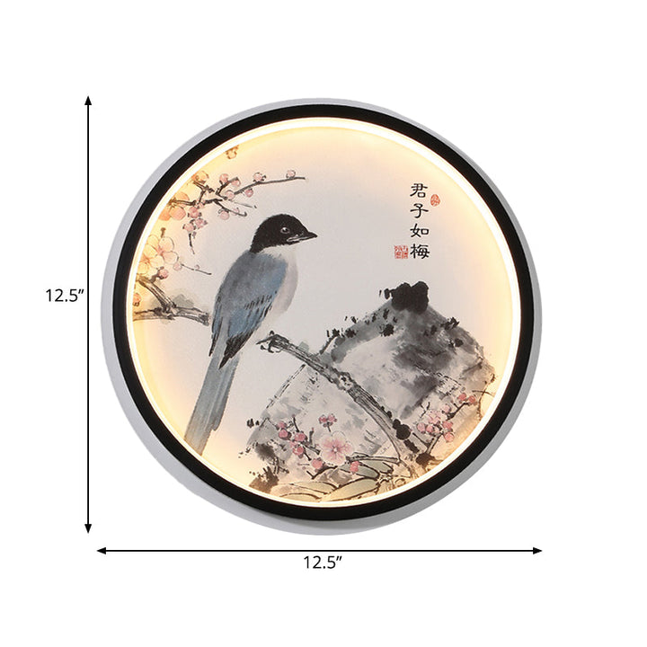 Skørter | Oriental Style Circular Metal Wall Lamp LED Wall Mounted Light in Black with Flower/Bird Patterns