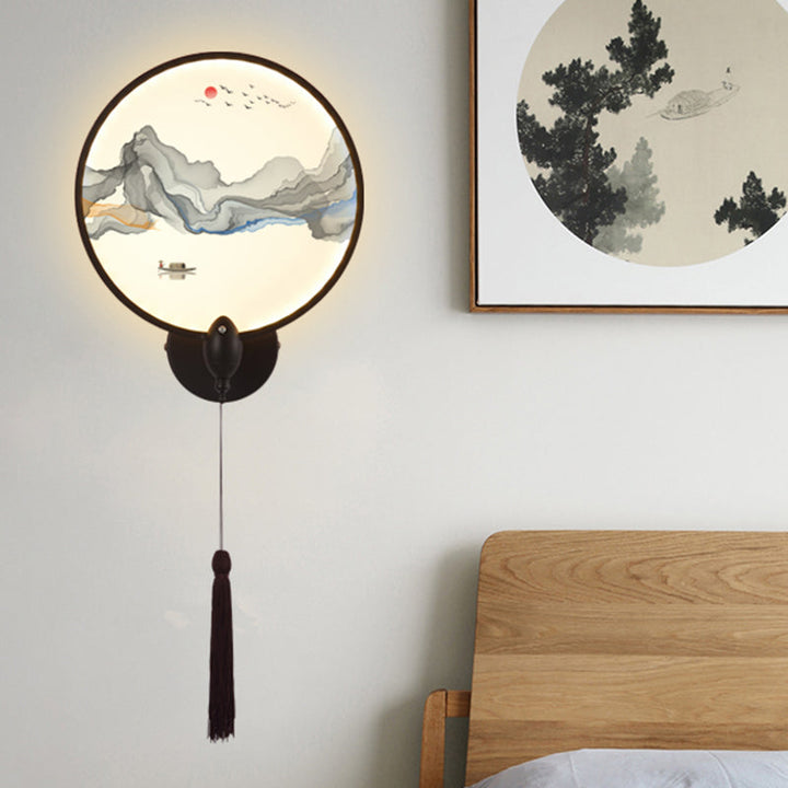 Skørter | LED bedroom wall mural light Chinese style black mountain wall lighting with round acrylic screens
