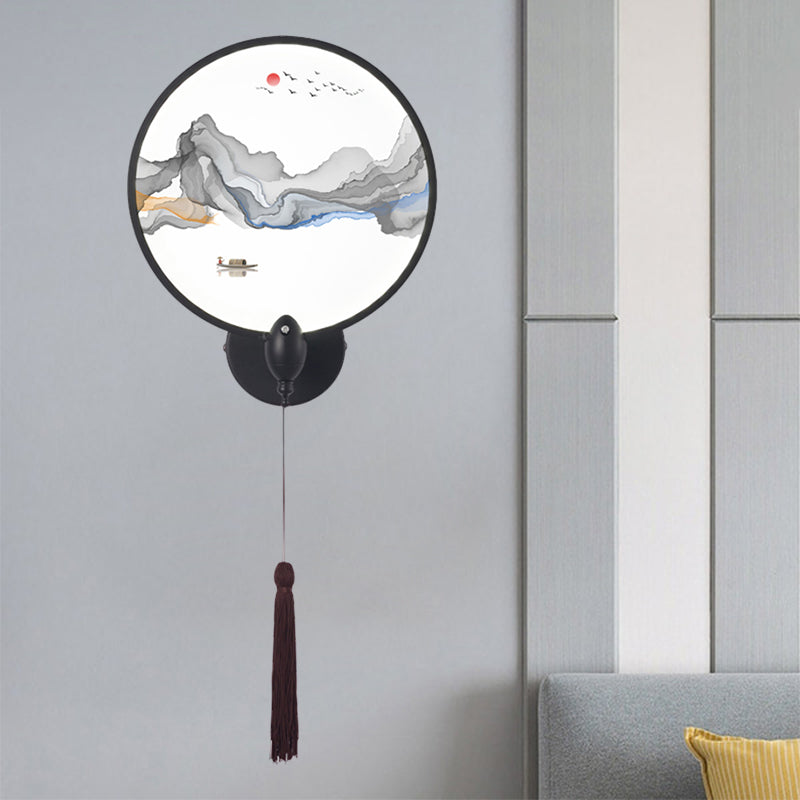 Skørter | LED bedroom wall mural light Chinese style black mountain wall lighting with round acrylic screens