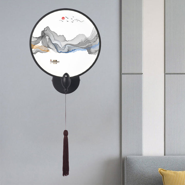 Skørter | LED bedroom wall mural light Chinese style black mountain wall lighting with round acrylic screens