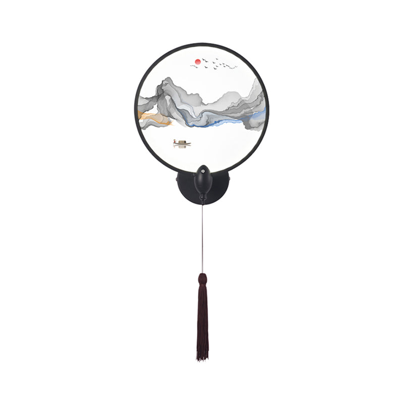 Skørter | LED bedroom wall mural light Chinese style black mountain wall lighting with round acrylic screens