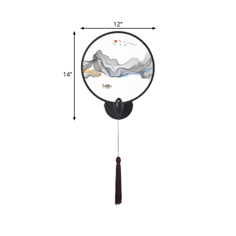 Skørter | LED bedroom wall mural light Chinese style black mountain wall lighting with round acrylic screens