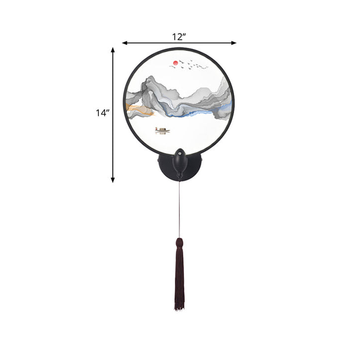 Skørter | LED bedroom wall mural light Chinese style black mountain wall lighting with round acrylic screens