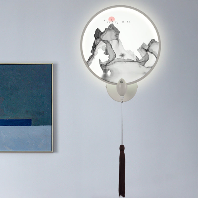 Skørter | LED bedroom wall mural light Chinese style black mountain wall lighting with round acrylic screens
