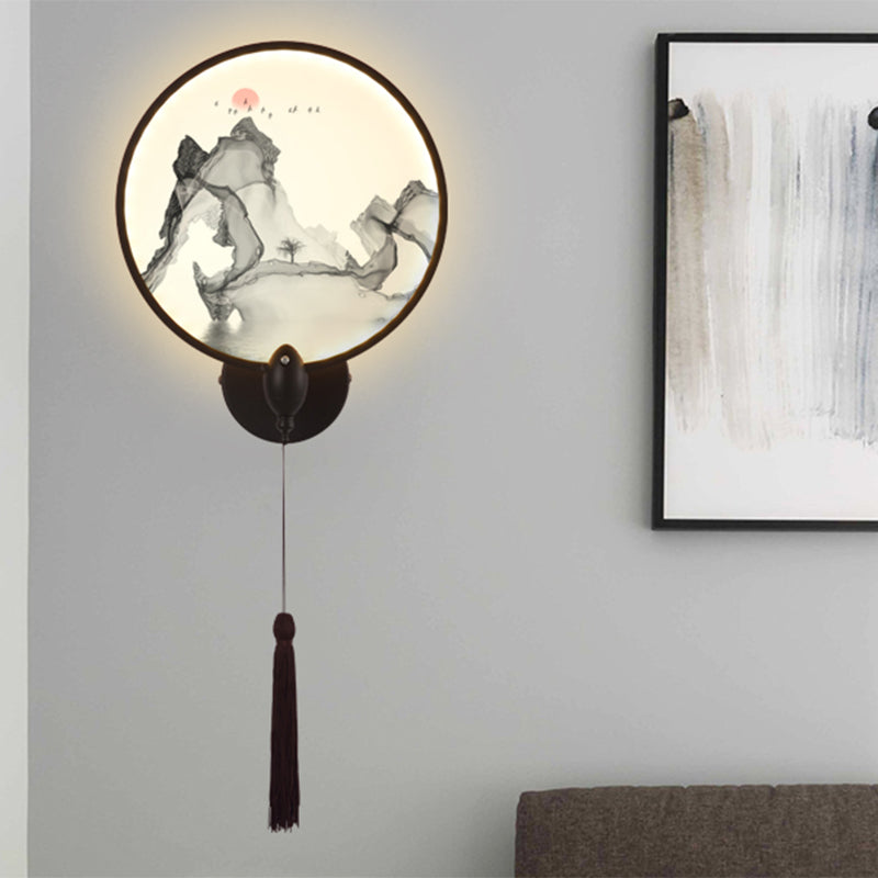 Skørter | LED bedroom wall mural light Chinese style black mountain wall lighting with round acrylic screens