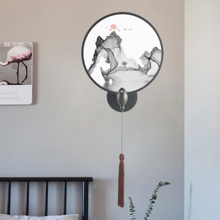 Skørter | LED bedroom wall mural light Chinese style black mountain wall lighting with round acrylic screens