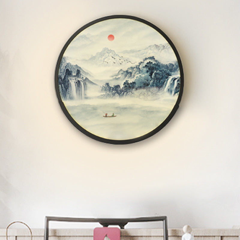 Skørter | Round Bedroom Mountain Wall Lamp Acrylic LED Oriental Wall Painting Light in Black