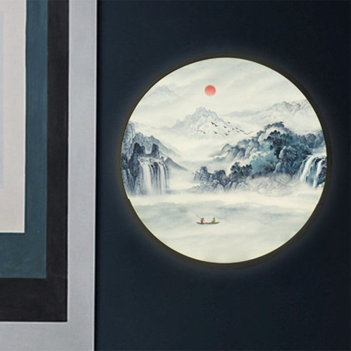 Skørter | Round Bedroom Mountain Wall Lamp Acrylic LED Oriental Wall Painting Light in Black