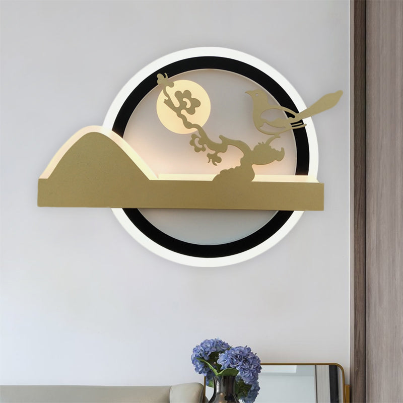 Skørter | Gold Round Wall Mounted Lights Oriental Style LED Acrylic Wall Mural Light with Bird Pattern