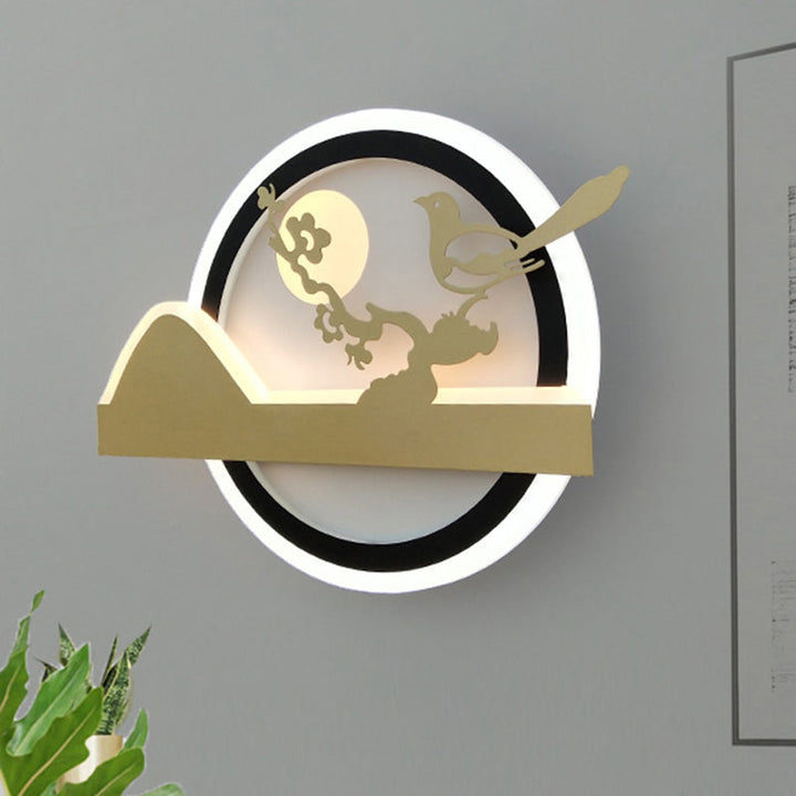 Skørter | Gold Round Wall Mounted Lights Oriental Style LED Acrylic Wall Mural Light with Bird Pattern