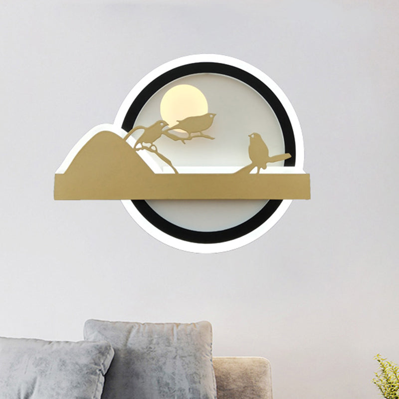 Skørter | Gold Round Wall Mounted Lights Oriental Style LED Acrylic Wall Mural Light with Bird Pattern