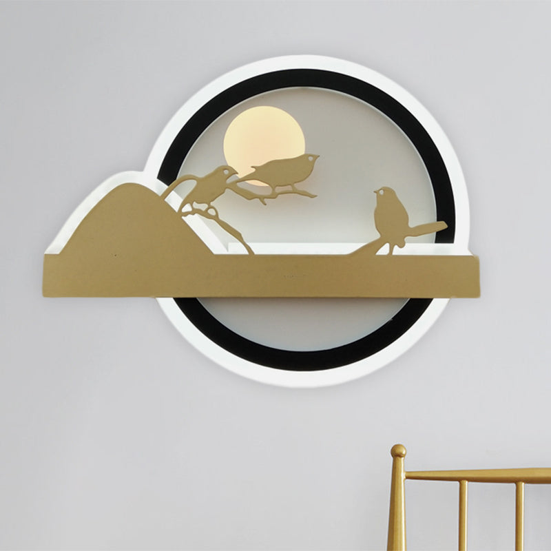 Skørter | Gold Round Wall Mounted Lights Oriental Style LED Acrylic Wall Mural Light with Bird Pattern