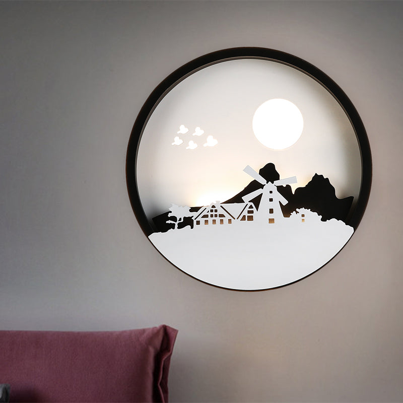 Skørter | Black Round House Wall Light Contemporary Style LED Metallic Wall Lamp for Guest Room
