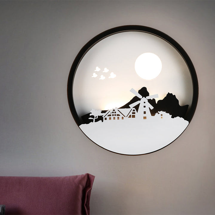 Skørter | Black Round House Wall Light Contemporary Style LED Metallic Wall Lamp for Guest Room
