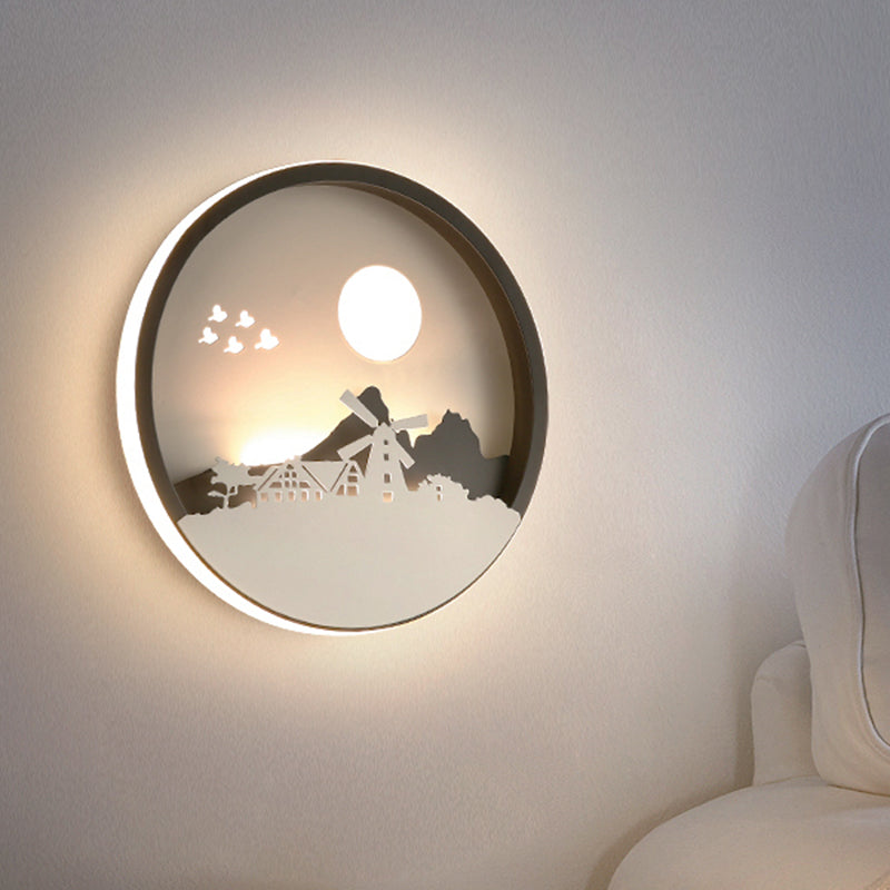 Skørter | Black Round House Wall Light Contemporary Style LED Metallic Wall Lamp for Guest Room