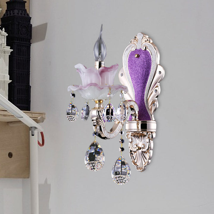 Skørter | Frosted Glass Purple Wall Lighting Ruffle 1/2-Bulb Modern Style Wall Lighting with Drop Crystal Drops