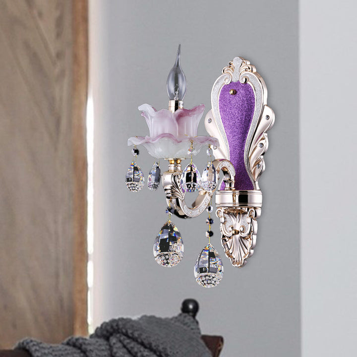 Skørter | Frosted Glass Purple Wall Lighting Ruffle 1/2-Bulb Modern Style Wall Lighting with Drop Crystal Drops