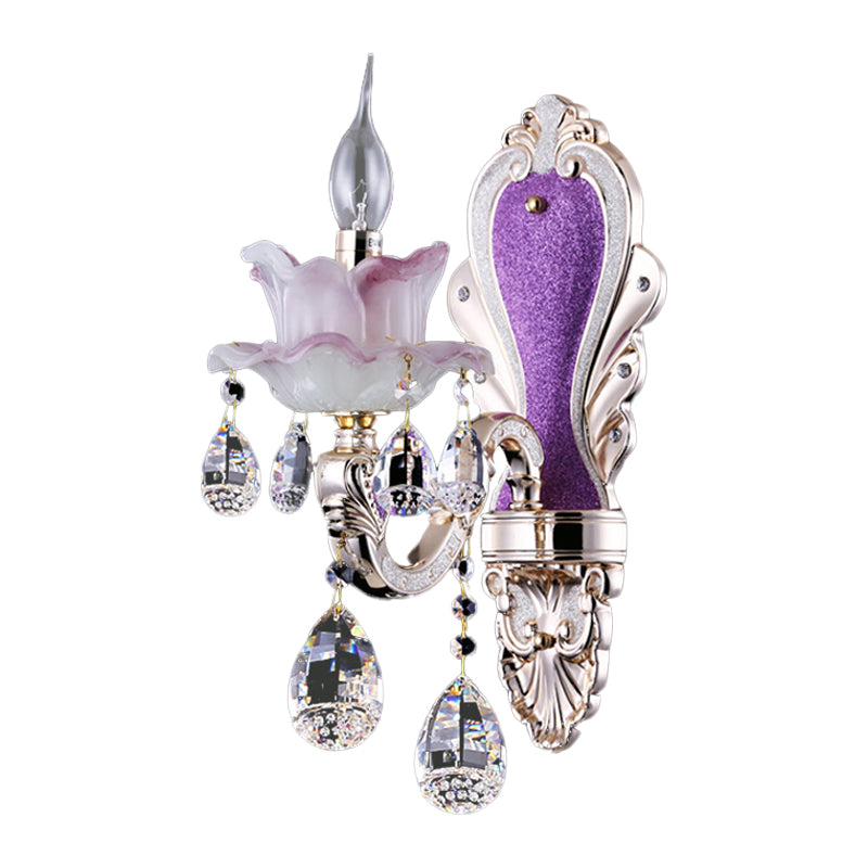 Skørter | Frosted Glass Purple Wall Lighting Ruffle 1/2-Bulb Modern Style Wall Lighting with Drop Crystal Drops