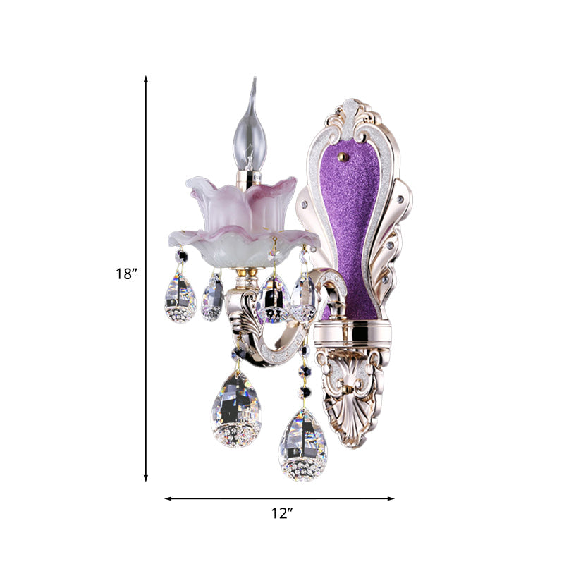 Skørter | Frosted Glass Purple Wall Lighting Ruffle 1/2-Bulb Modern Style Wall Lighting with Drop Crystal Drops