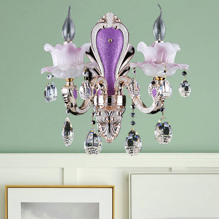 Skørter | Frosted Glass Purple Wall Lighting Ruffle 1/2-Bulb Modern Style Wall Lighting with Drop Crystal Drops