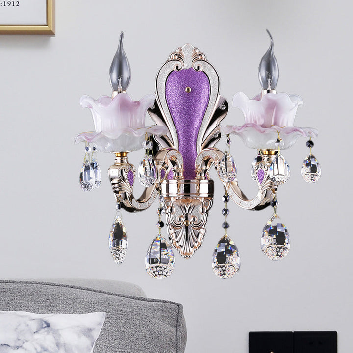 Skørter | Frosted Glass Purple Wall Lighting Ruffle 1/2-Bulb Modern Style Wall Lighting with Drop Crystal Drops