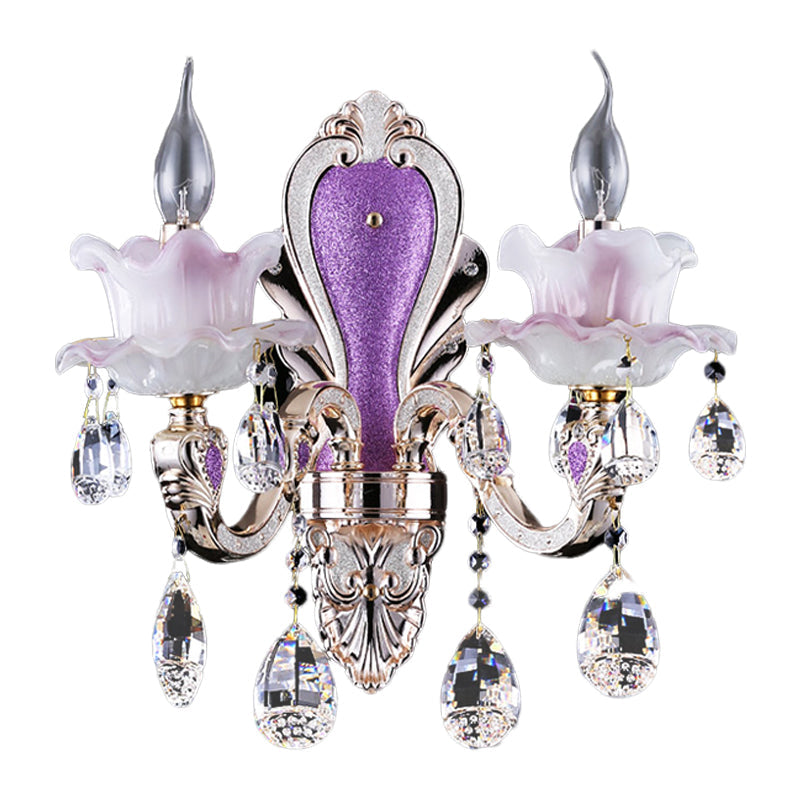 Skørter | Frosted Glass Purple Wall Lighting Ruffle 1/2-Bulb Modern Style Wall Lighting with Drop Crystal Drops