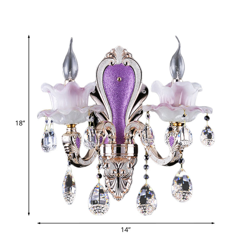 Skørter | Frosted Glass Purple Wall Lighting Ruffle 1/2-Bulb Modern Style Wall Lighting with Drop Crystal Drops