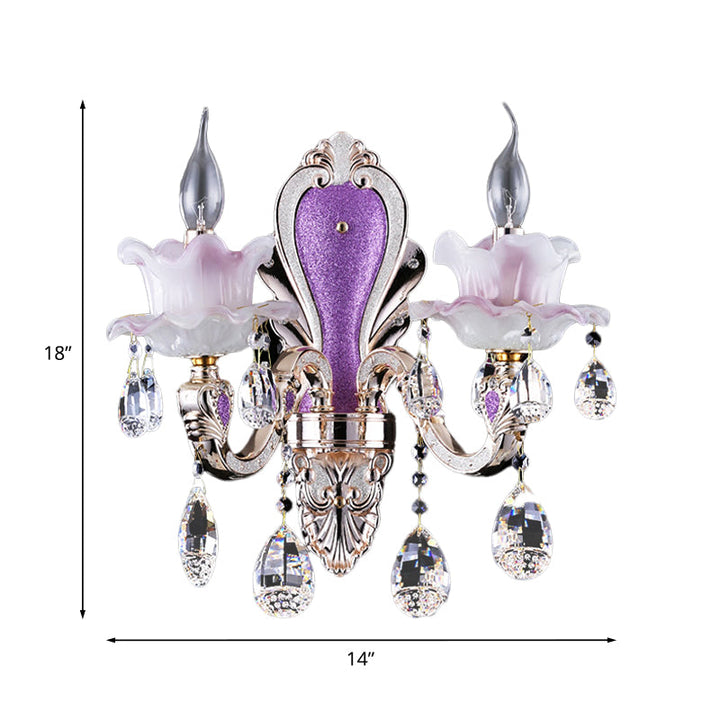 Skørter | Frosted Glass Purple Wall Lighting Ruffle 1/2-Bulb Modern Style Wall Lighting with Drop Crystal Drops